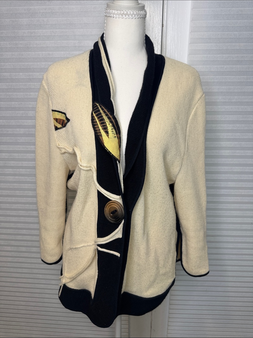 Vintage Tivoli Cream Knit Shawl Cardigan with Black Trim 1362